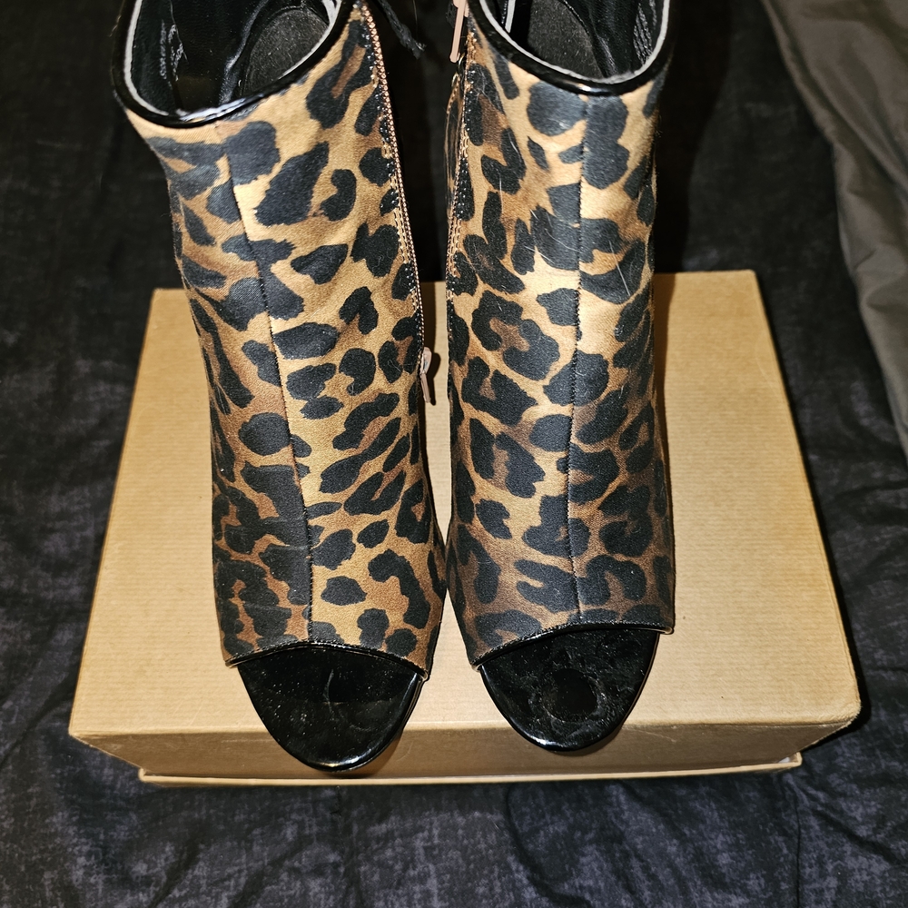 Leopard Print Peep Toe Ankle Boots